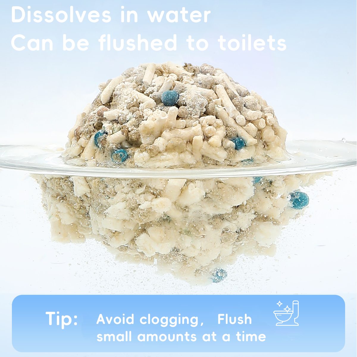 Tofu clumping cat litter clump dissolving in water, designed to be flushed to toilets for easy cleanup.