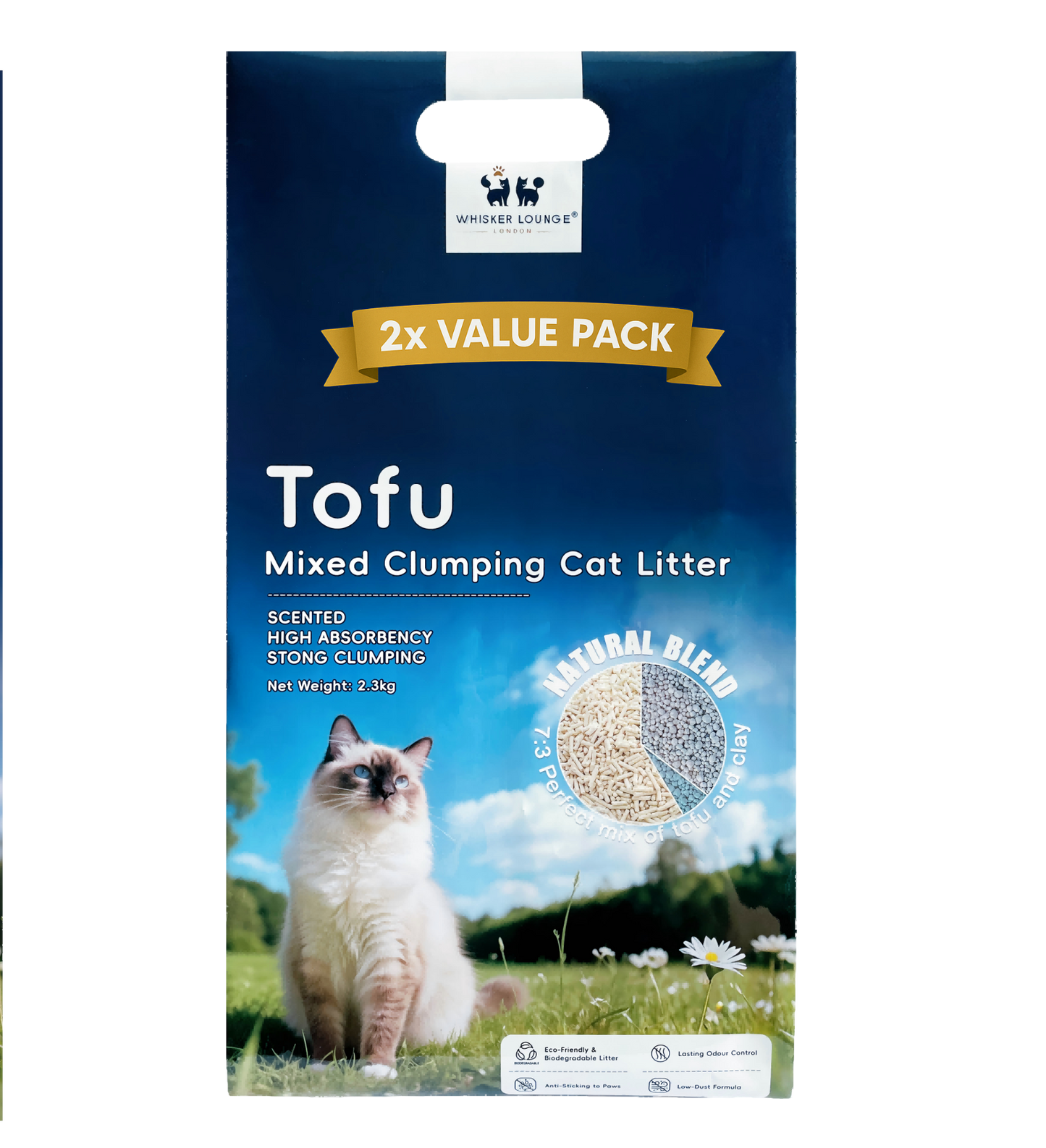 Tofu Clumping Cat Litter 2.3kg package with a cat on a grassy field, featuring a natural blend and strong clumping.