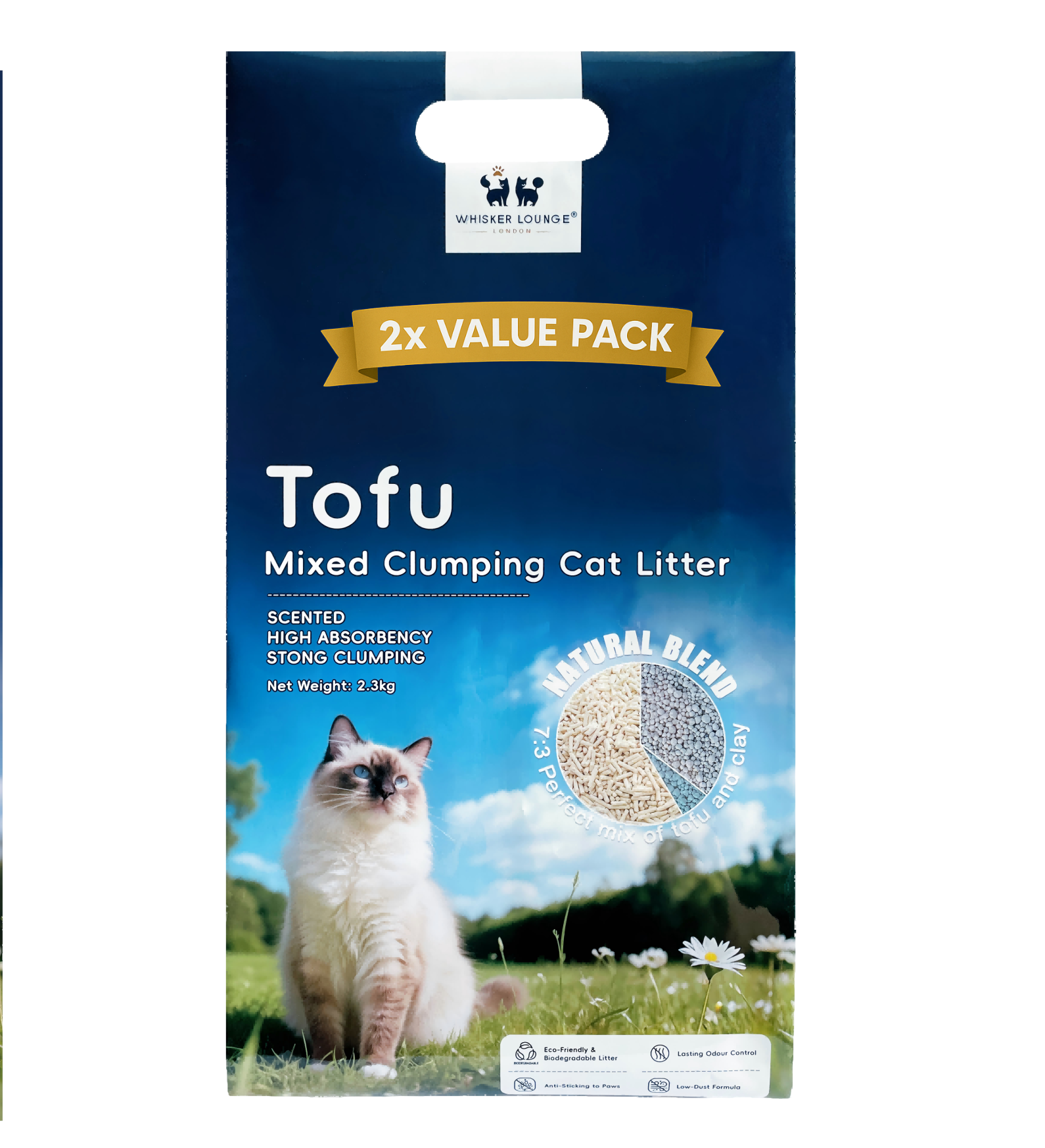 Tofu Clumping Cat Litter 2.3kg package with a cat on a grassy field, featuring a natural blend and strong clumping.