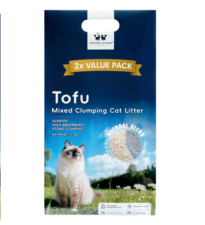 Tofu Clumping Cat Litter 2.3kg package with a cat on a grassy field, featuring a natural blend and strong clumping.