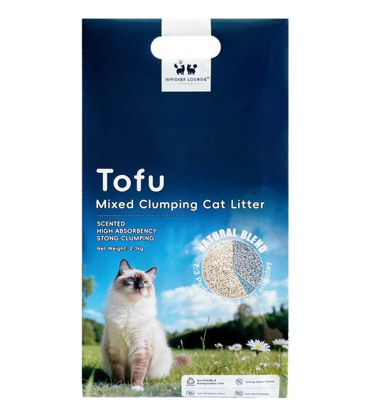 Tofu Clumping Cat Litter 2.3kg packaging with a cat outdoors, featuring bentonite blend for strong clumping and easy cleanup.