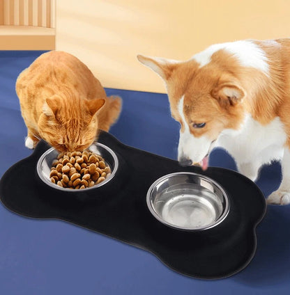 Black double pet bowl cat and dog feeding together